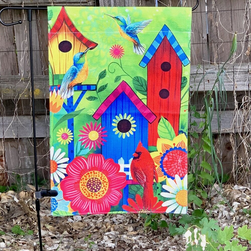 12x18 Durable Linen Garden Flag Vibrant Birds Cardinal Birdhouses Flowers New